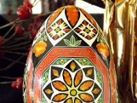 Sunset Orange Octagons Ukrainian Easter Egg Pysanky by So Jeo : pysanky pysanka ukrainian easter egg batik art sojeo florals flowers birds stars trees vines blooms buds bluebird owl art sojeo "so jeo" eggshell egg shell blown decoration ivy garden rainbow rosie posy nightshad victorian trees etched brown chicken eggs turkey